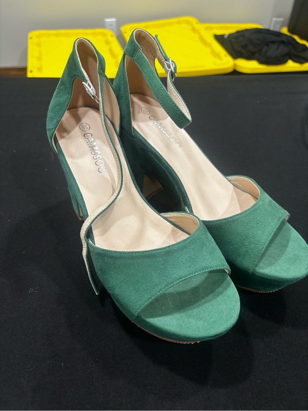 Green Suede Ankle-Strap Platform Heels
